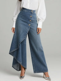 Women's Wide Leg Denim Trousers with High Waist and Ruffle Hem