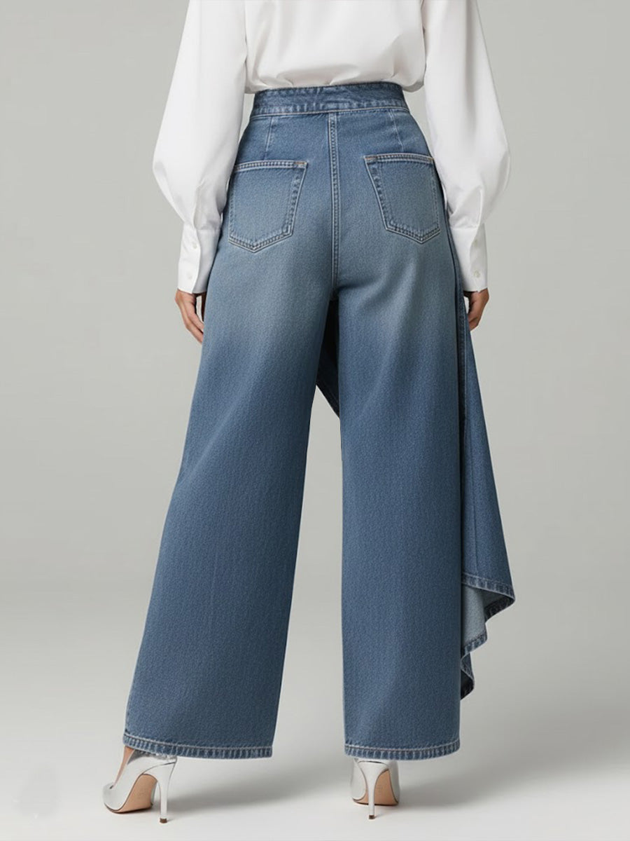 Women's Wide Leg Denim Trousers with High Waist and Ruffle Hem