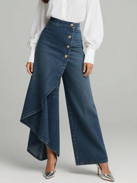 Women's Wide Leg Denim Trousers with High Waist and Ruffle Hem