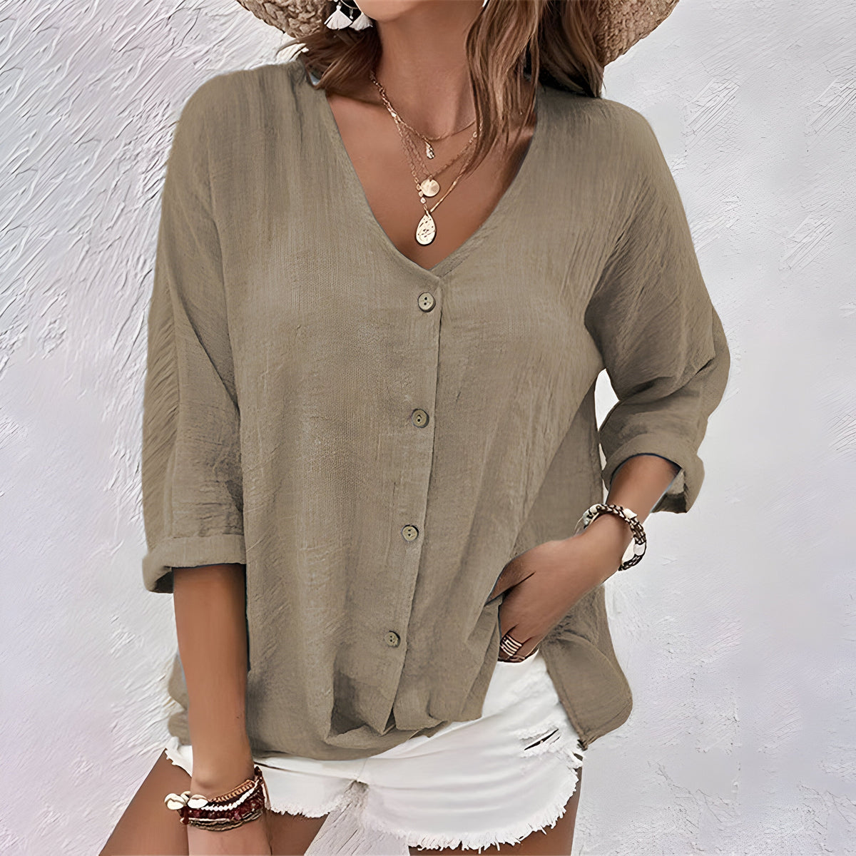 Women's V Neckline Tops with Button Up and Short Sleeves