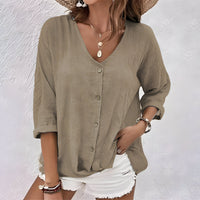 Women's V Neckline Tops with Button Up and Short Sleeves