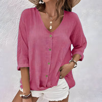 Women's V Neckline Tops with Button Up and Short Sleeves