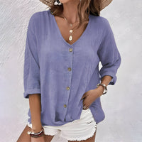 Women's V Neckline Tops with Button Up and Short Sleeves