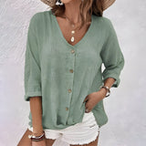 Women's V Neckline Tops with Button Up and Short Sleeves