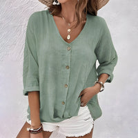 Women's V Neckline Tops with Button Up and Short Sleeves