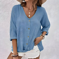 Women's V Neckline Tops with Button Up and Short Sleeves