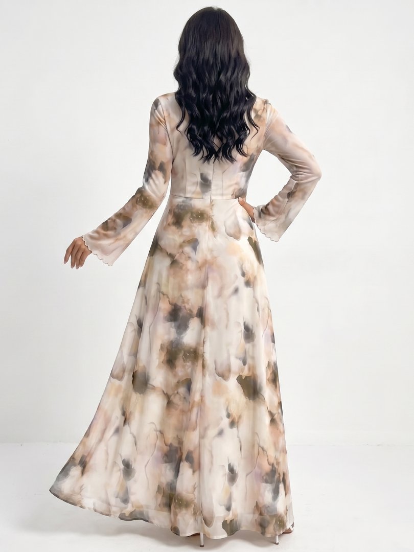 Women's Abstract Print Long Sleeve Defined Waist Maxi Dress Back