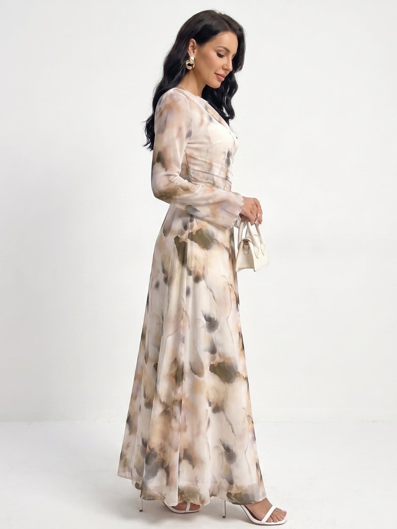 Women's Abstract Print Long Sleeve Defined Waist Maxi Dress Detail