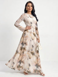Women's Abstract Print Long Sleeve Defined Waist Maxi Dress Front