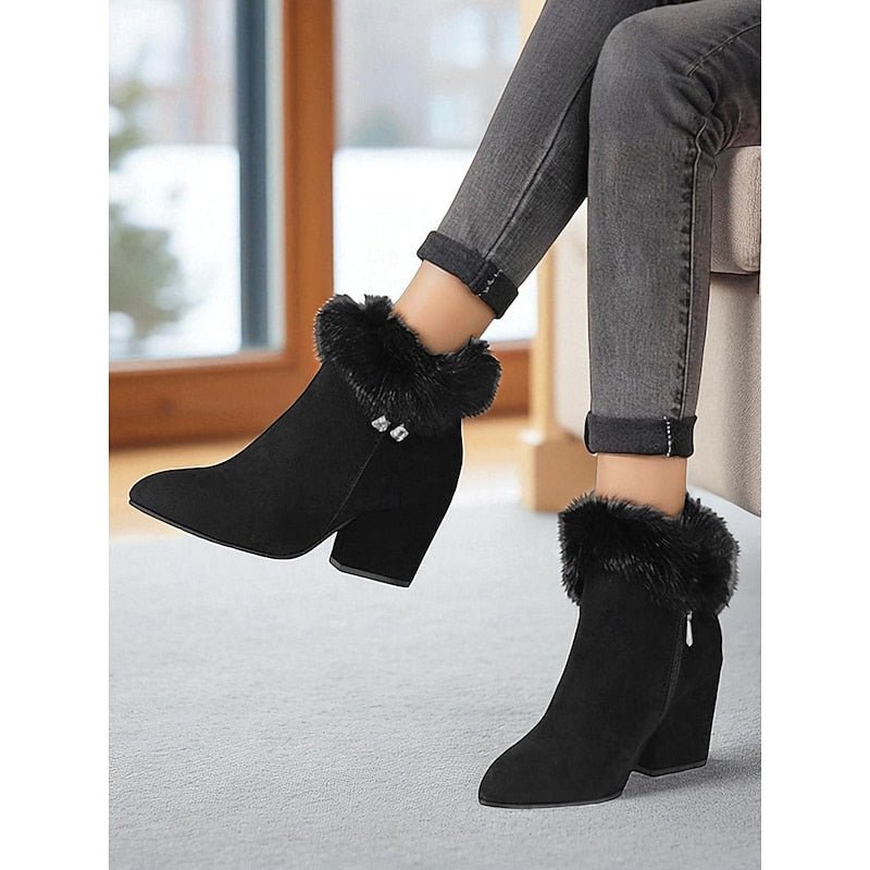Women's Ankle Boots | Block Heel with Fur Trim Collar Front