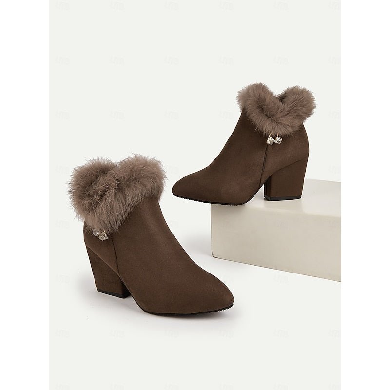 Women's Ankle Boots | Block Heel with Fur Trim Collar Full