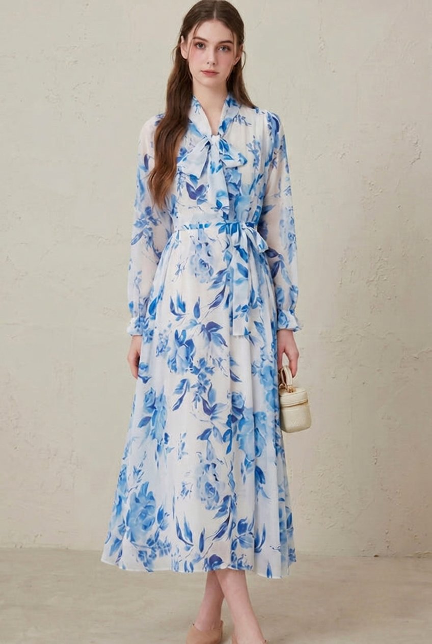 Women's Blue Porcelain Print Belted Long Sleeve Maxi Dress Back