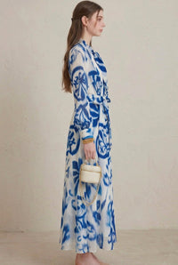 Women's Blue Porcelain Print Belted Long Sleeve Maxi Dress Front