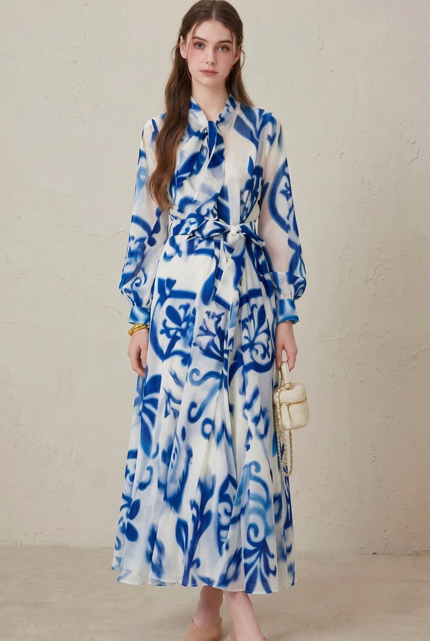 Women's Blue Porcelain Print Belted Long Sleeve Maxi Dress Hero