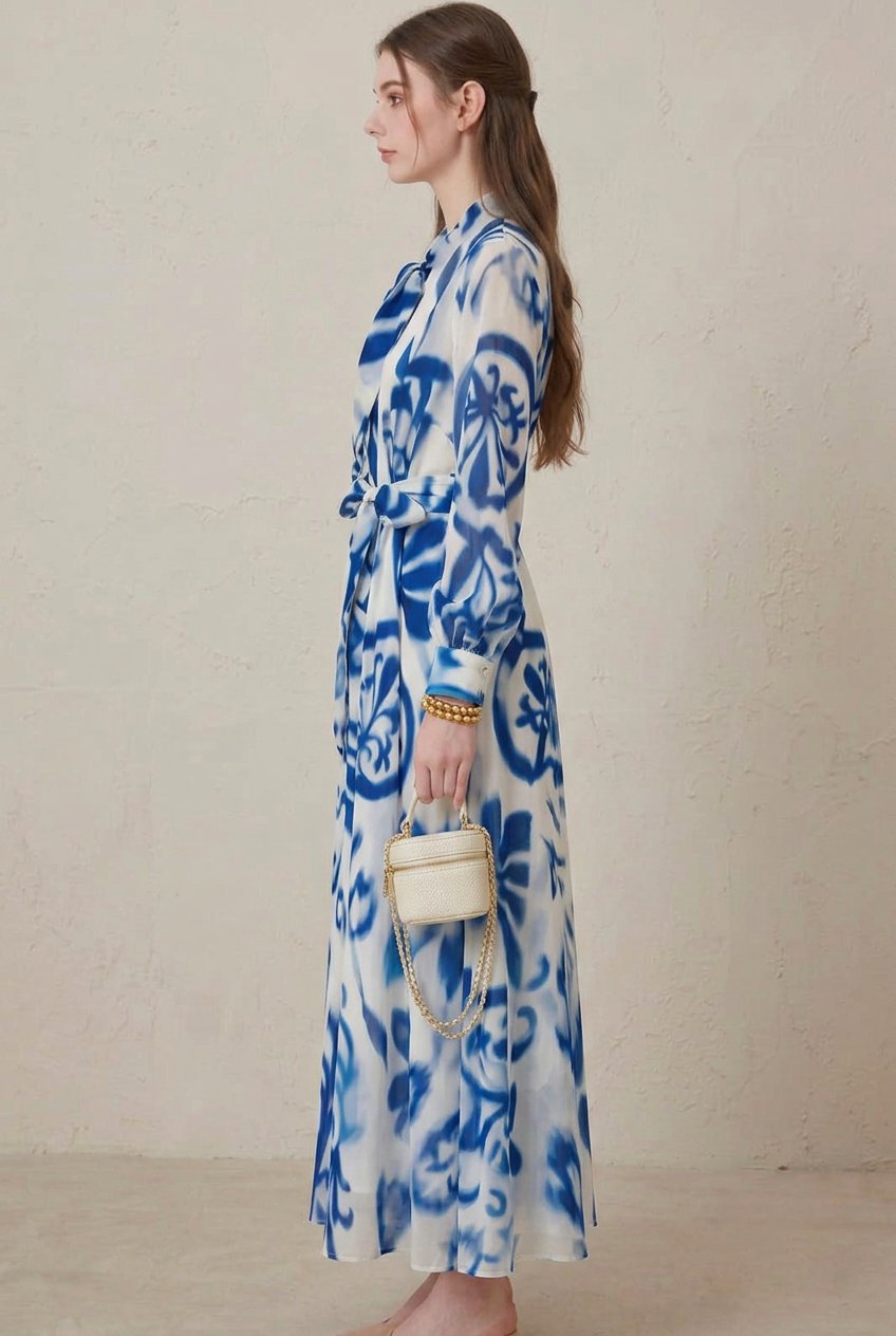 Women's Blue Porcelain Print Belted Long Sleeve Maxi Dress Side