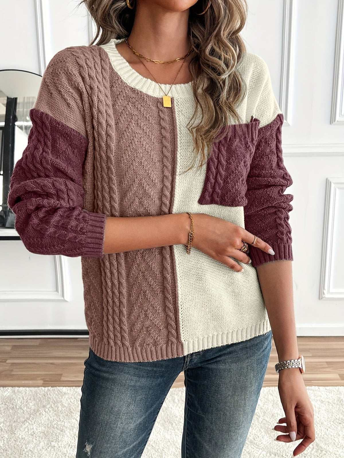 Women's Cable Knit Jumper | Colour Block Two Tone Alternate