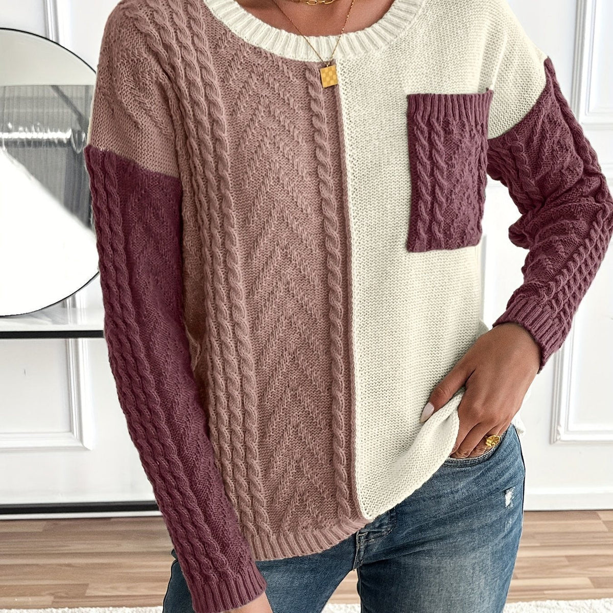 Women's Cable Knit Jumper | Colour Block Two Tone Lifestyle