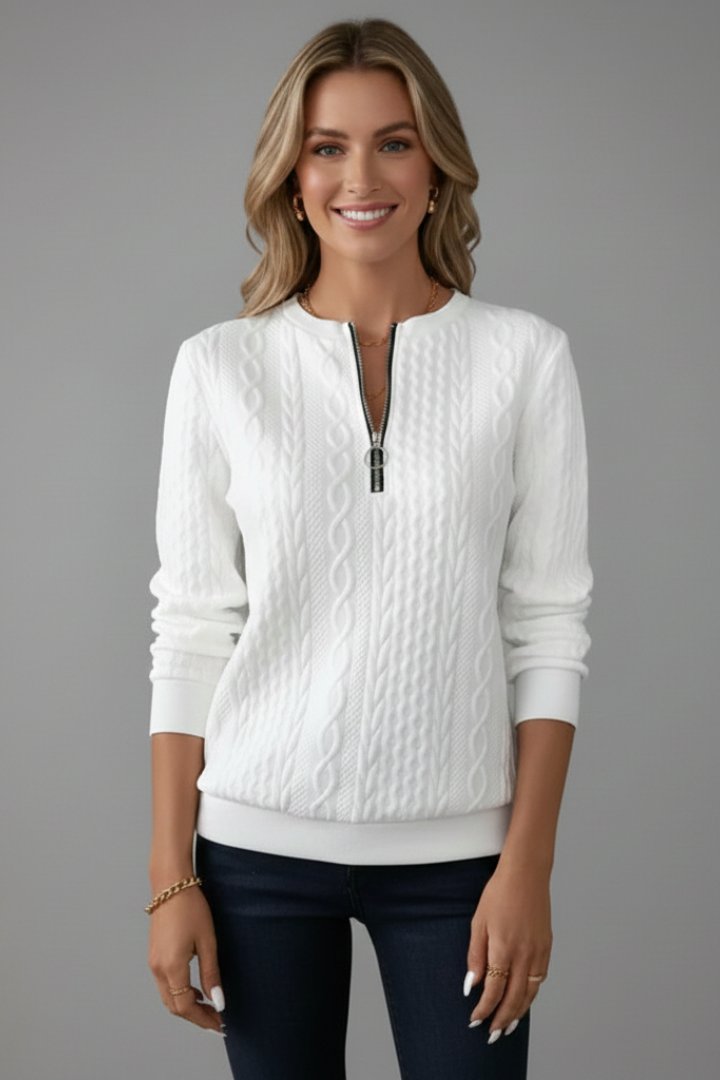 Women's Cable Knit Jumper with Zip Neckline Close Up