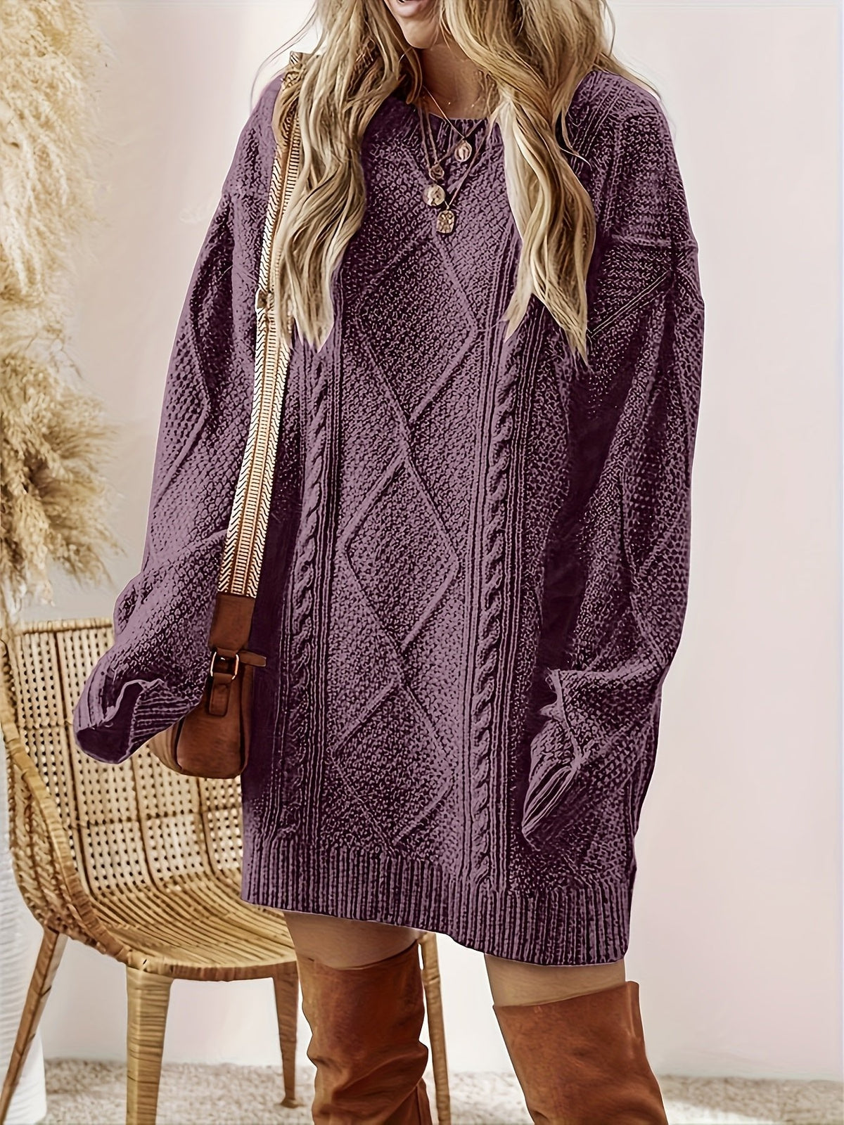 Women's Cable Knit Sweater Dress | Diamond Texture Relaxed Fit Front