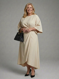 Women's Cape Sleeve Midi Dress | Waist Defined with Asymmetric Hem Angle