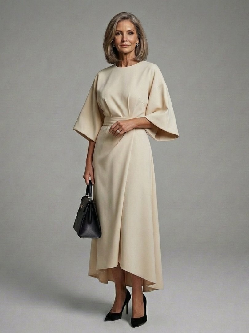 Women's Cape Sleeve Midi Dress | Waist Defined with Asymmetric Hem Close Up
