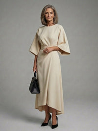 Women's Cape Sleeve Midi Dress | Waist Defined with Asymmetric Hem Close Up