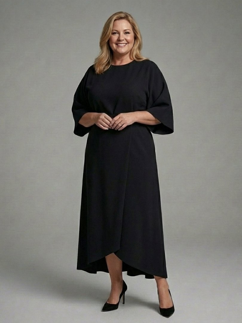 Women's Cape Sleeve Midi Dress | Waist Defined with Asymmetric Hem Detail
