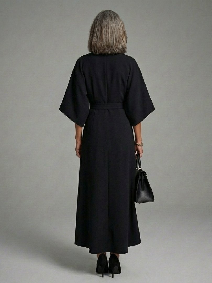 Women's Cape Sleeve Midi Dress | Waist Defined with Asymmetric Hem Front