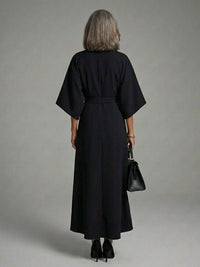 Women's Cape Sleeve Midi Dress | Waist Defined with Asymmetric Hem Front