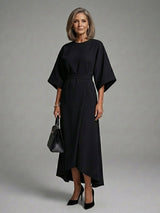 Women's Cape Sleeve Midi Dress | Waist Defined with Asymmetric Hem