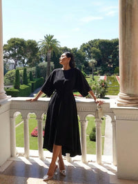 Women's Cape Sleeve Midi Dress | Waist Defined with Asymmetric Hem Side