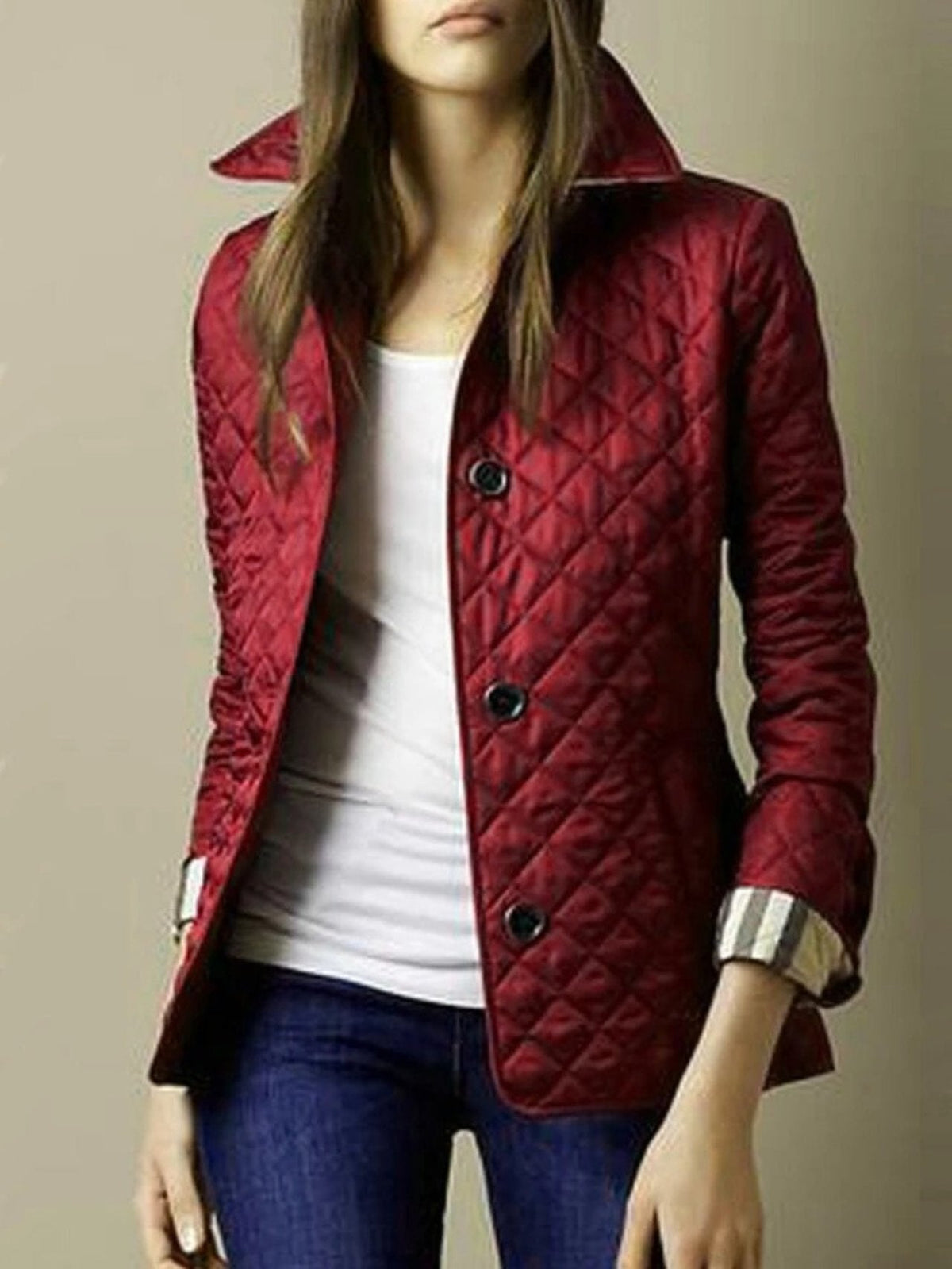 Women's Casual Quilted Jacket with Turned-Down Collar Angle
