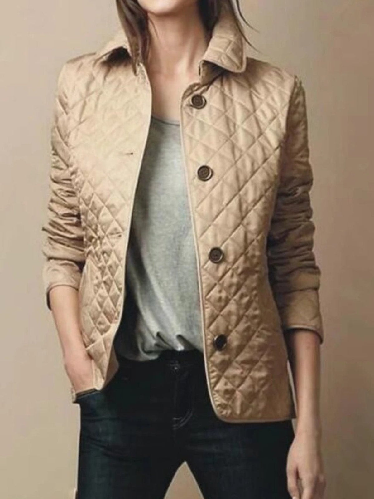 Women's Casual Quilted Jacket with Turned-Down Collar Back
