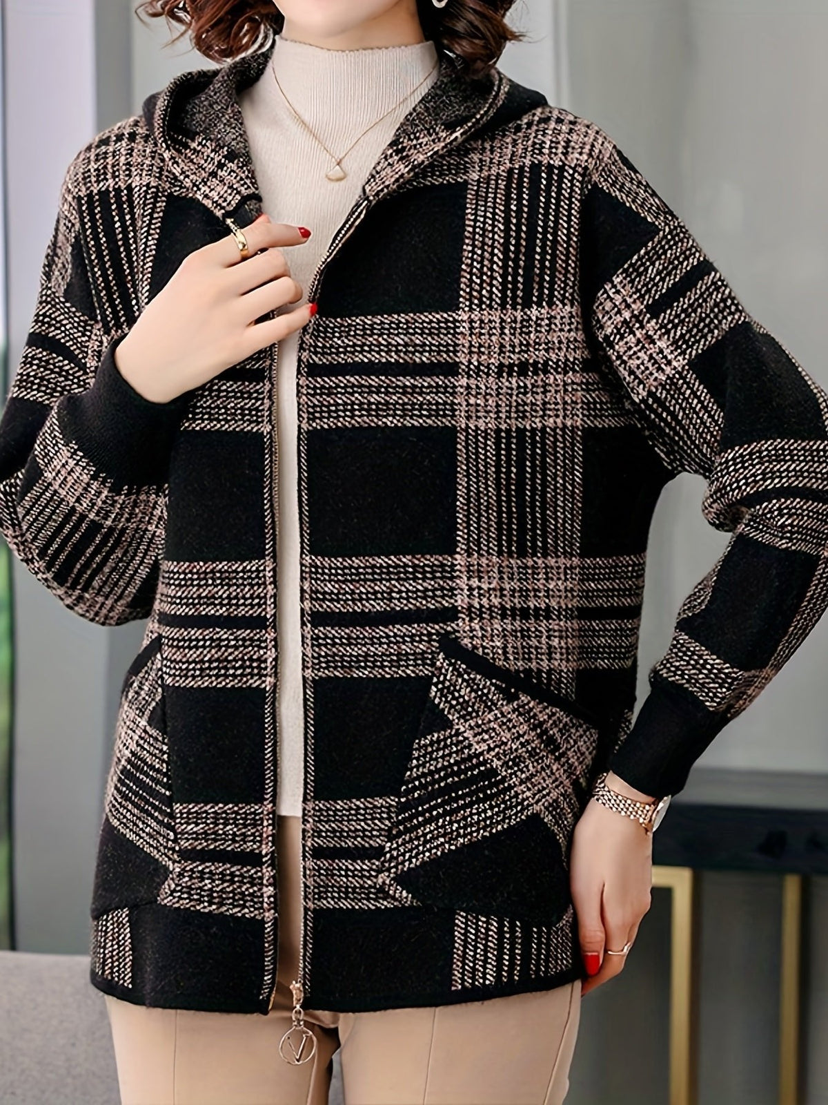 Women's Checked Hooded Jacket | Zip Up Relaxed Fit Angle