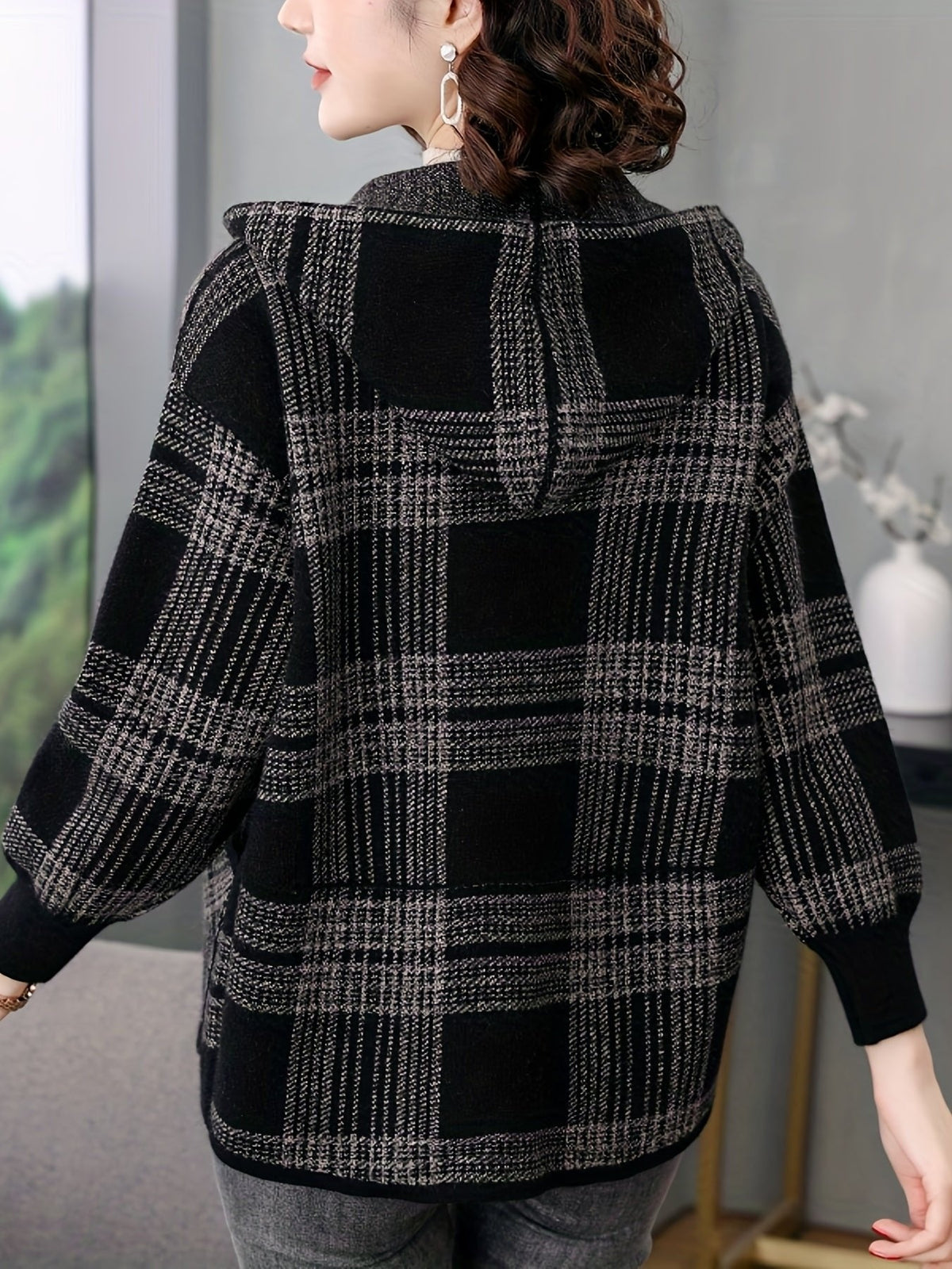 Women's Checked Hooded Jacket | Zip Up Relaxed Fit Detail