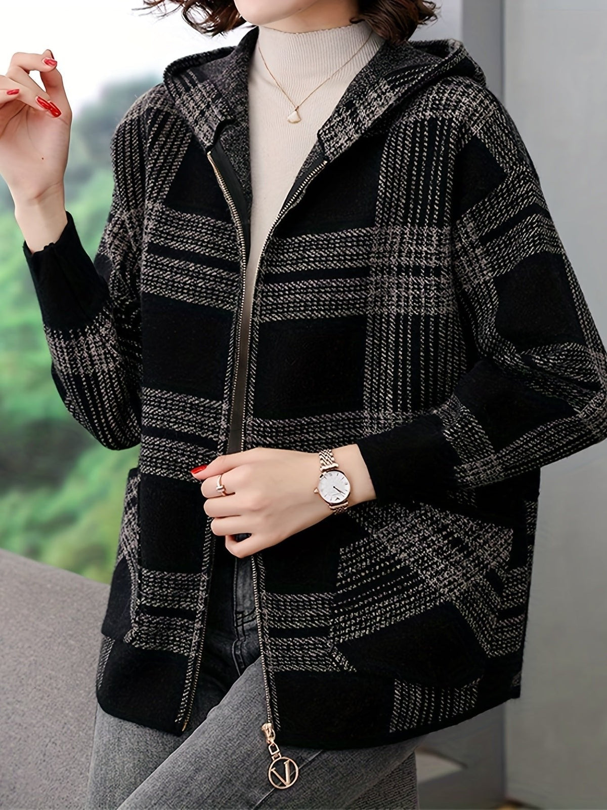 Women's Checked Hooded Jacket | Zip Up Relaxed Fit Front