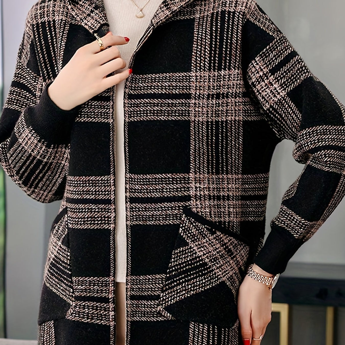 Women's Checked Hooded Jacket | Zip Up Relaxed Fit Lifestyle