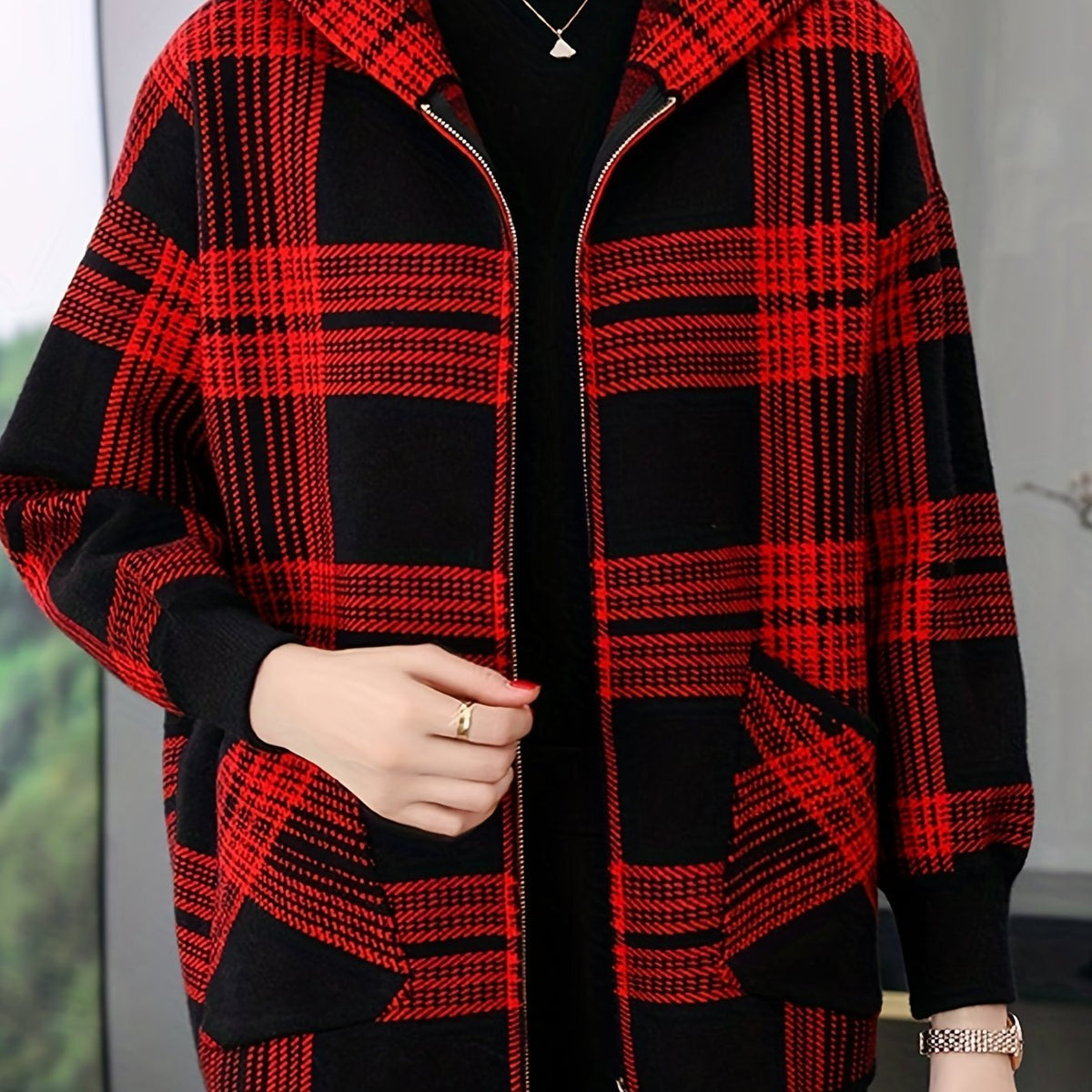 Women's Checked Hooded Jacket | Zip Up Relaxed Fit View 12