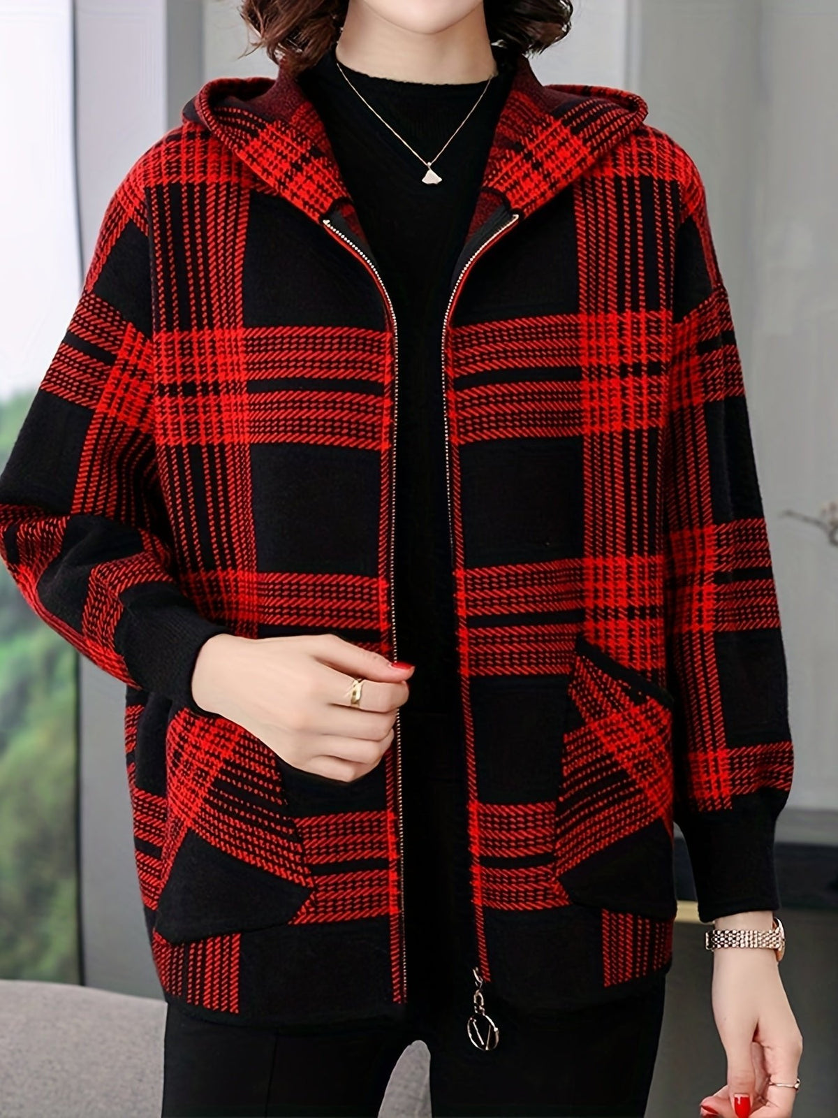 Women's Checked Hooded Jacket | Zip Up Relaxed Fit View 14