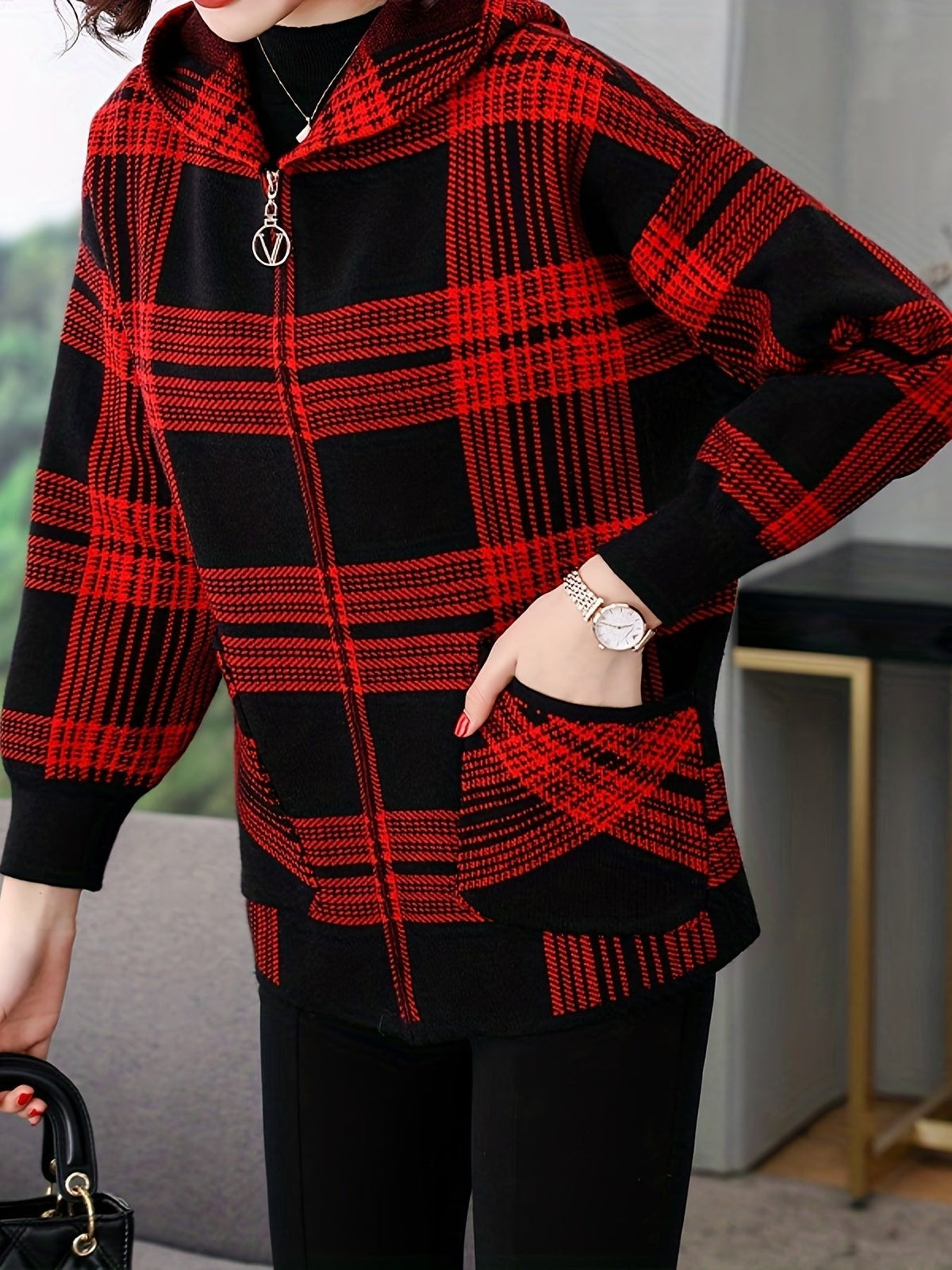 Women's Checked Hooded Jacket | Zip Up Relaxed Fit View 15