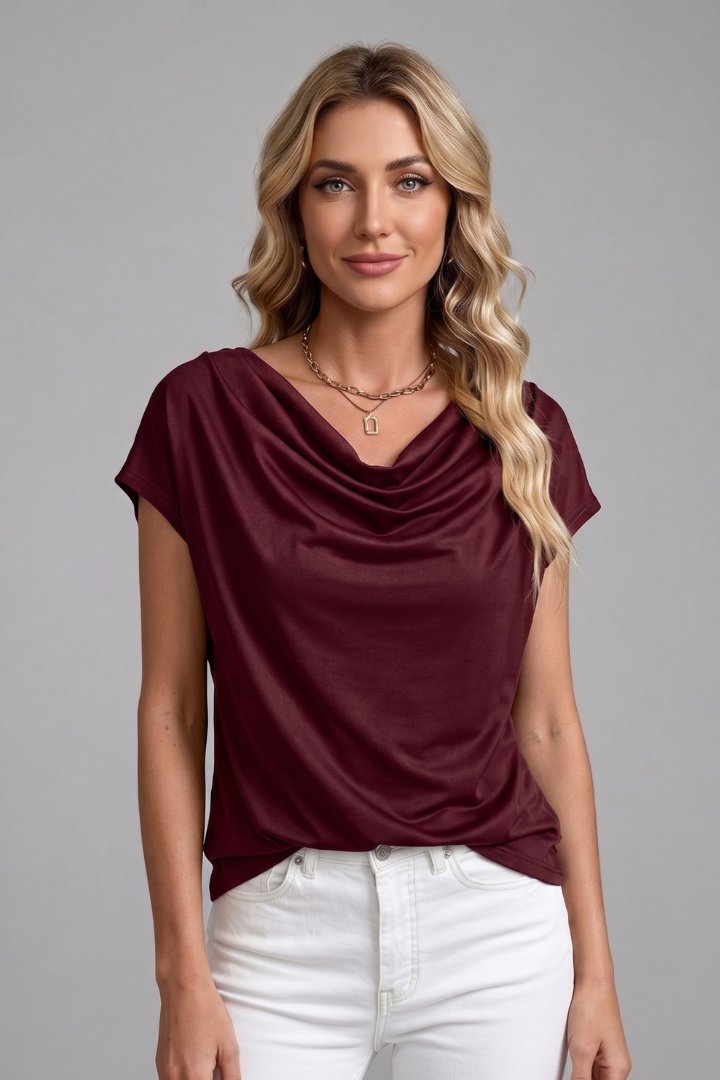 Women's Cowl Neck Blouse with Draped Front Close Up