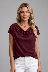 Women's Cowl Neck Blouse with Draped Front Close Up