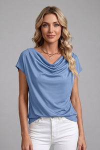 Women's Cowl Neck Blouse with Draped Front Lifestyle