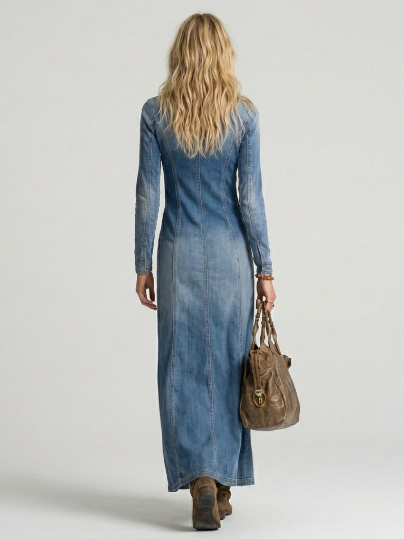 Women's Denim Maxi Dress | Button Front with Front Slit Detail