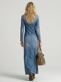 Women's Denim Maxi Dress | Button Front with Front Slit Detail
