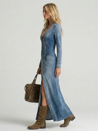 Women's Denim Maxi Dress | Button Front with Front Slit Front