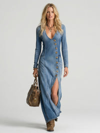 Women's Denim Maxi Dress | Button Front with Front Slit Hero