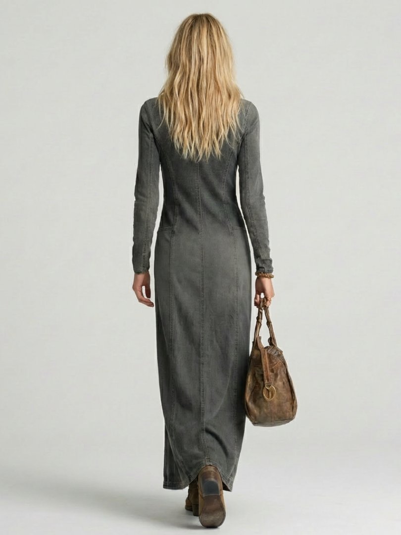 Women's Denim Maxi Dress | Button Front with Front Slit Lifestyle