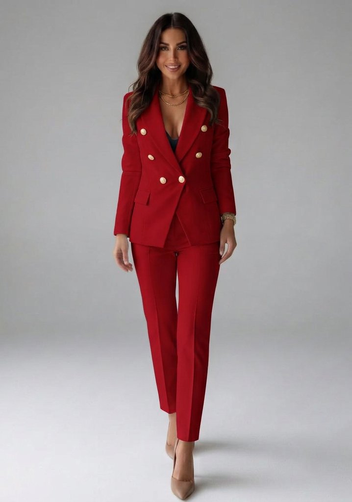 Women's Double-Breasted Blazer Set with Tailored Trousers Front