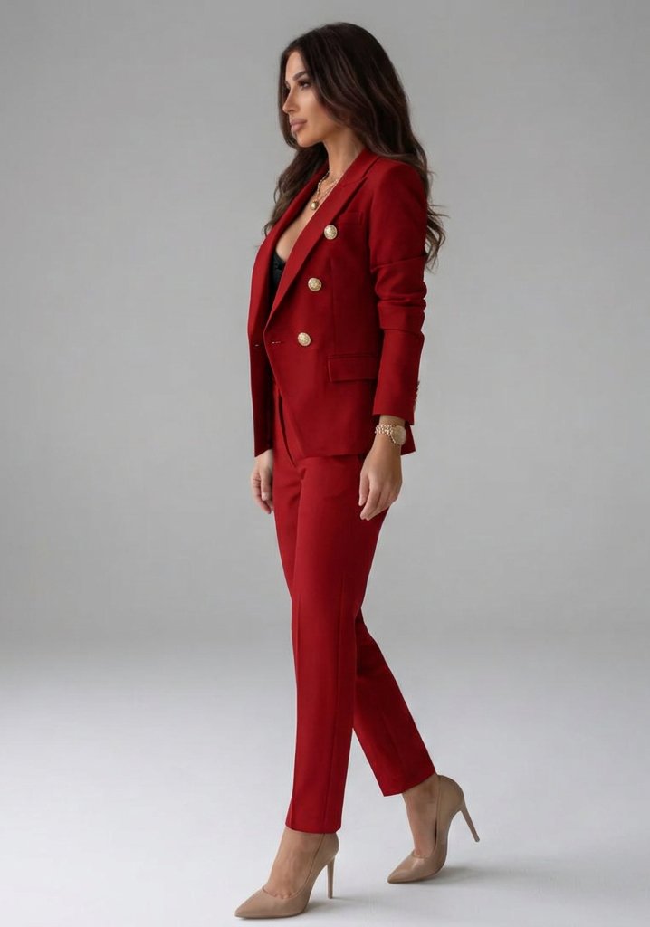 Women's Double-Breasted Blazer Set with Tailored Trousers Side